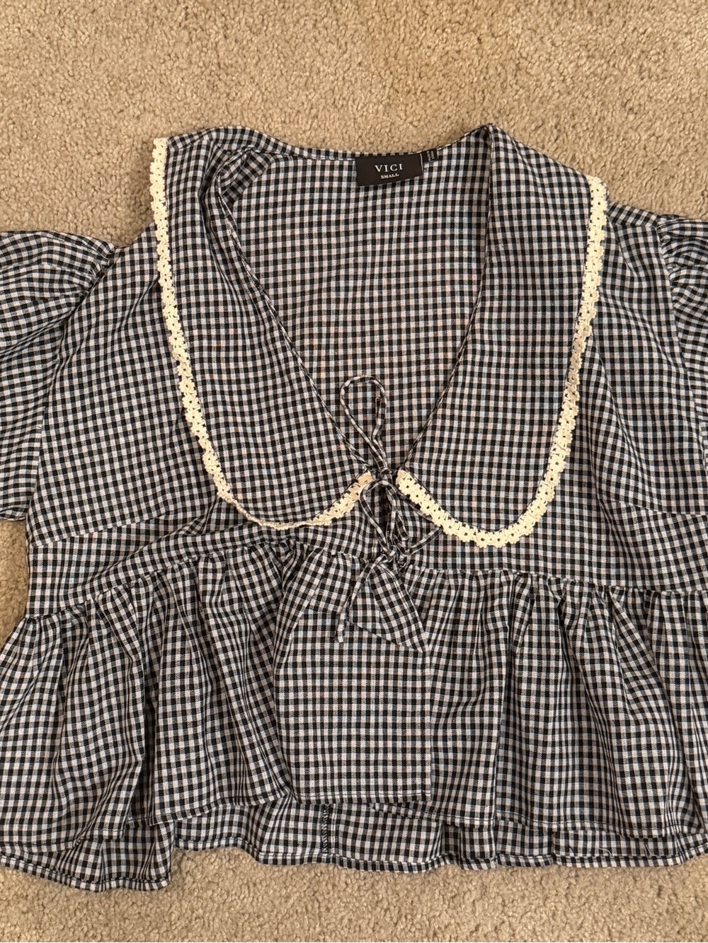 VICI Black & White Gingham Lace-Trim Peter Collar Tie-Front Top